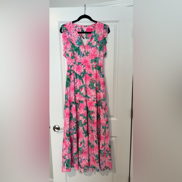 lilly pulitzer pink and green dress Vintage Halter Dress, Floral, Size 0 36 from top of shoulder to hem (based on a size small/4) Pink and Green Shift Dress